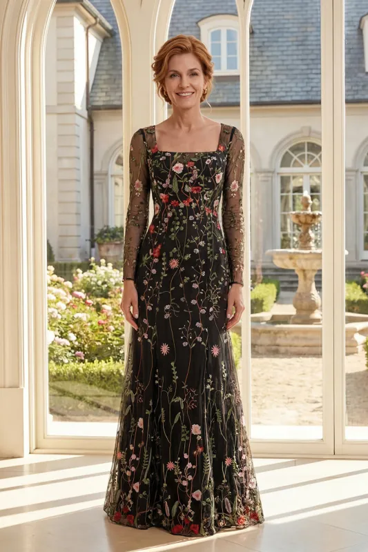 Black A-Line Tulle Square Neck Embroidered Mother Of the Bride Dress made by Zapaka