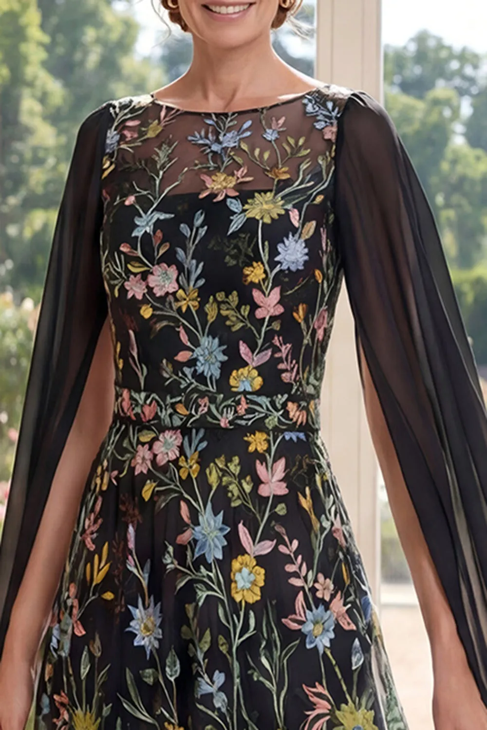 Tulle Black A-Line Embroidered Long Mother Of the Bride Dress with Cape Sleeves sold by Zapaka product image thumbnail 3