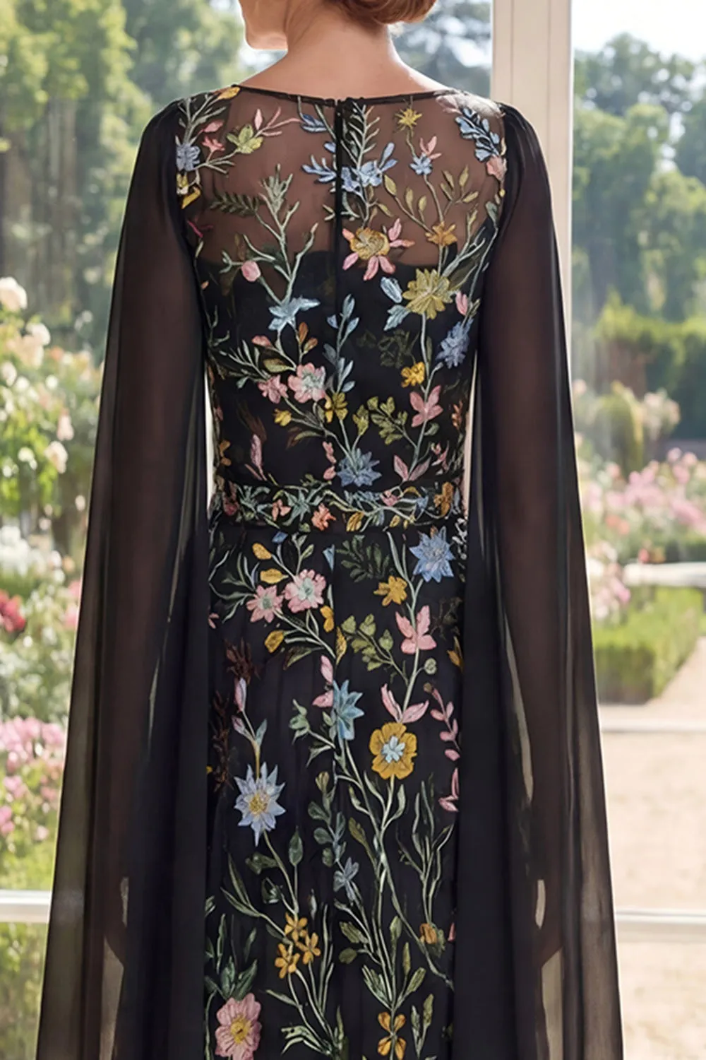 Tulle Black A-Line Embroidered Long Mother Of the Bride Dress with Cape Sleeves sold by Zapaka product image thumbnail 4