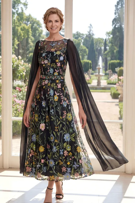 Tulle Black A-Line Embroidered Long Mother Of the Bride Dress with Cape Sleeves made by Zapaka