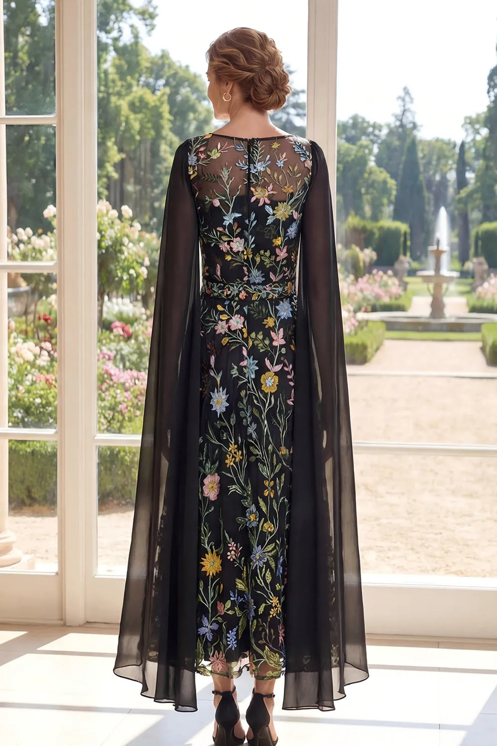 Tulle Black A-Line Embroidered Long Mother Of the Bride Dress with Cape Sleeves sold by Zapaka product image thumbnail 2