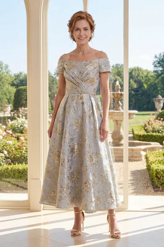 A-Line Dusty Blue Off the Shoulder Jacquard Ruched Long Mother Of the Bride Dress made by Zapaka