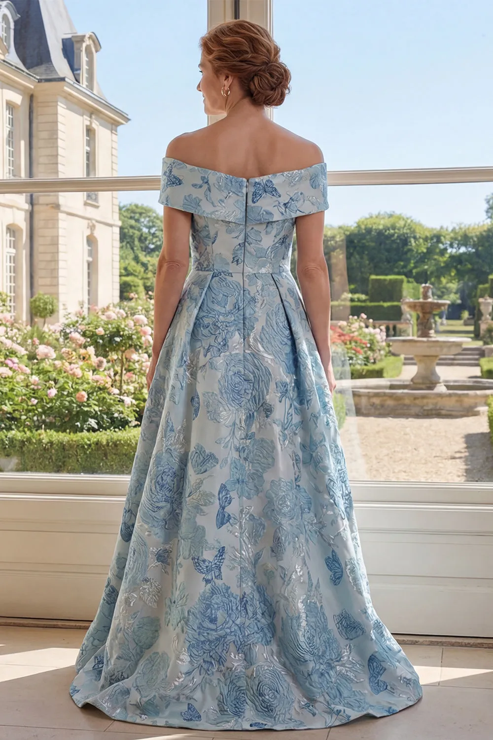 Off the Shoulder A-Line Jacquard Blue Long Mother Of the Bride Dress sold by Zapaka product image thumbnail 2