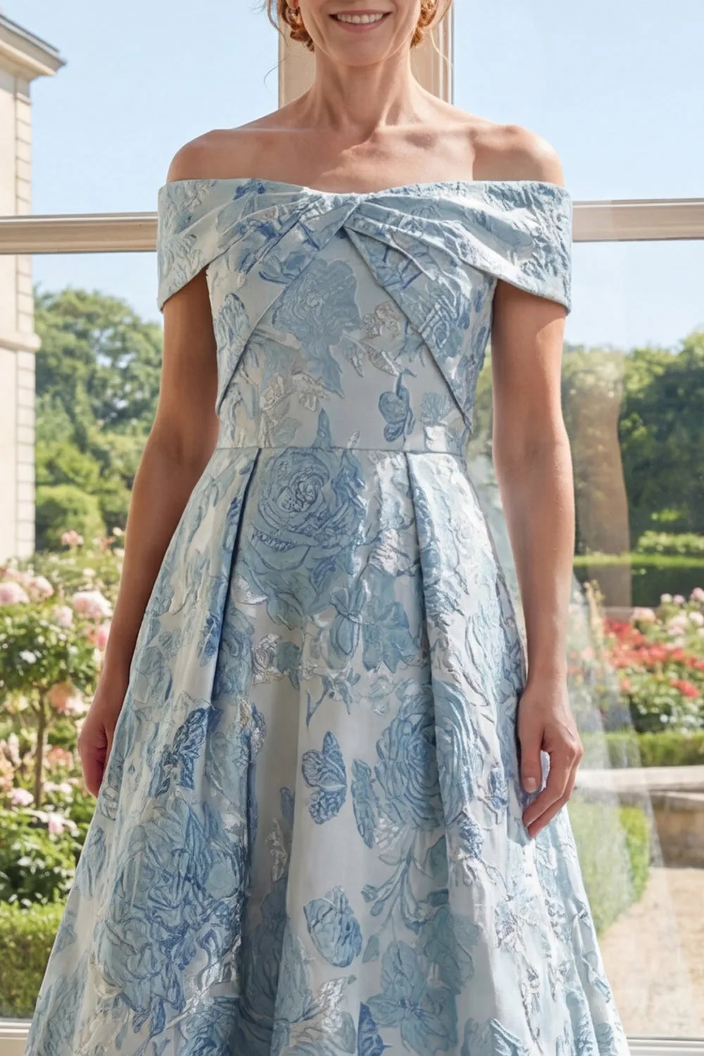 Off the Shoulder A-Line Jacquard Blue Long Mother Of the Bride Dress sold by Zapaka product image thumbnail 3