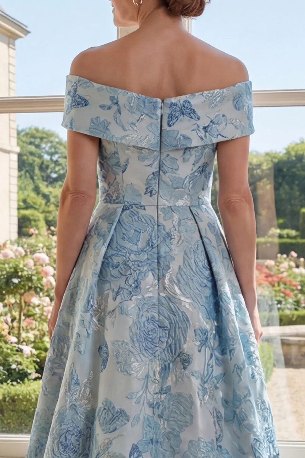 Off the Shoulder A-Line Jacquard Blue Long Mother Of the Bride Dress sold by Zapaka product image thumbnail 4