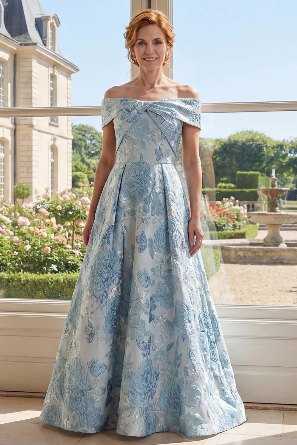 Off the Shoulder A-Line Jacquard Blue Long Mother Of the Bride Dress sold by Zapaka