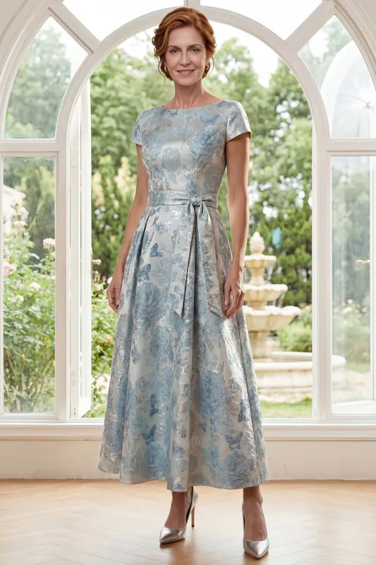 A-Line Jacquard Blue Bateau Neck Long Mother Of the Bride Dress with Bow made by Zapaka