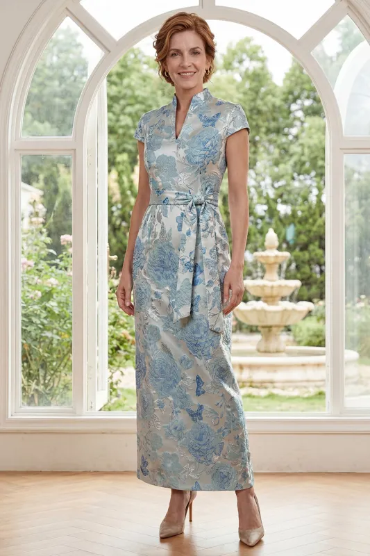 Jacquard Blue High Neck Sheath Long Mother Of the Bride Dress with Slit made by Zapaka