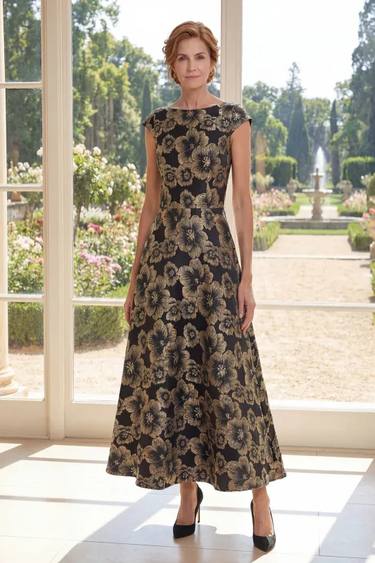 A Line Black Bateau Neck Jacquard Long Mother Of the Bride Dress made by Zapaka