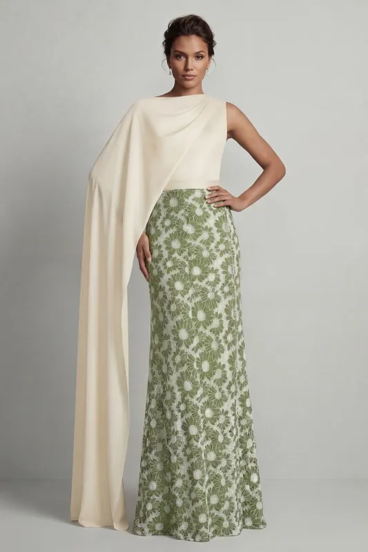 Green Round Neck Sheath Floral Long Mother Of the Bride Dress with Side Cape made by Zapaka