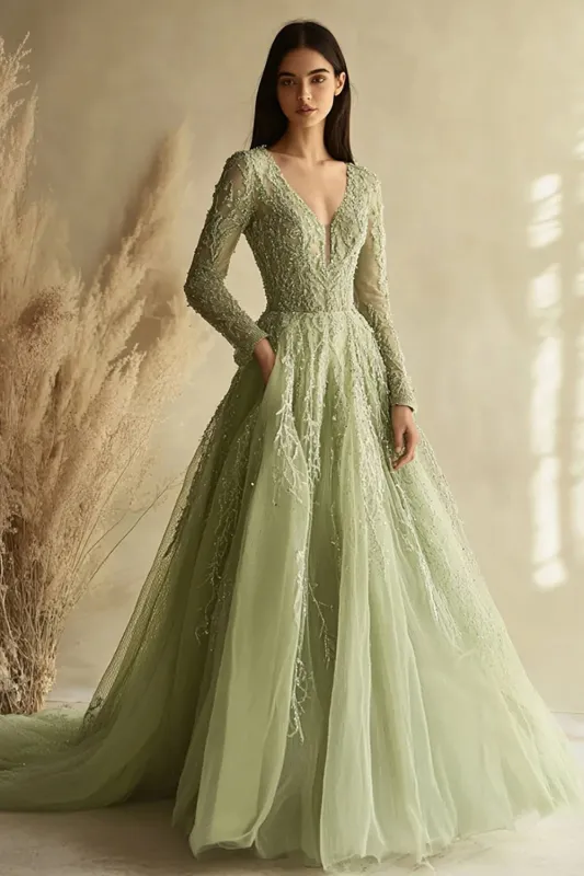 Dusty Sage A Line Long Sleeve V-Neck Tulle Long Prom Dress made by Zapaka