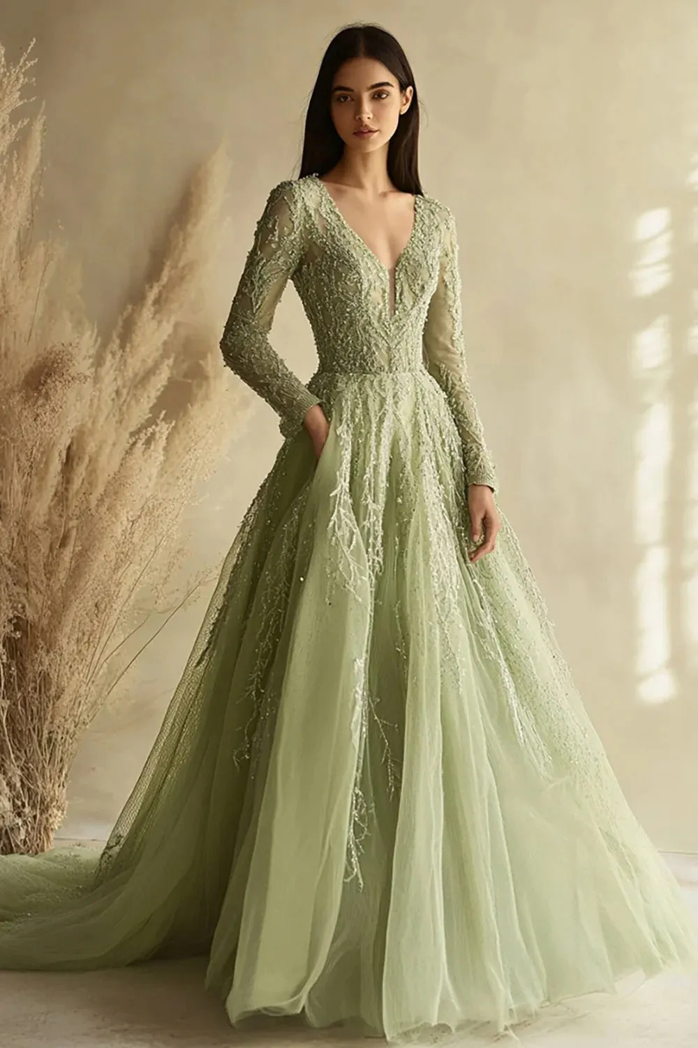 Dusty Sage A Line Long Sleeve V-Neck Tulle Long Prom Dress sold by Zapaka
