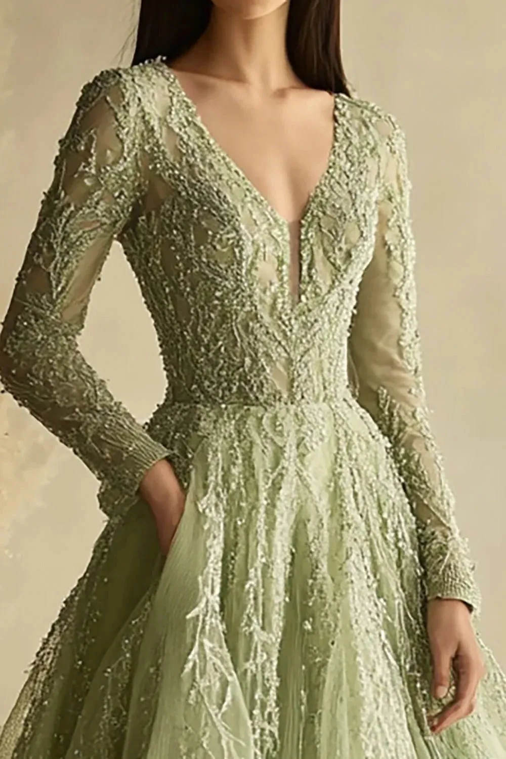 Dusty Sage A Line Long Sleeve V-Neck Tulle Long Prom Dress sold by Zapaka product image thumbnail 2