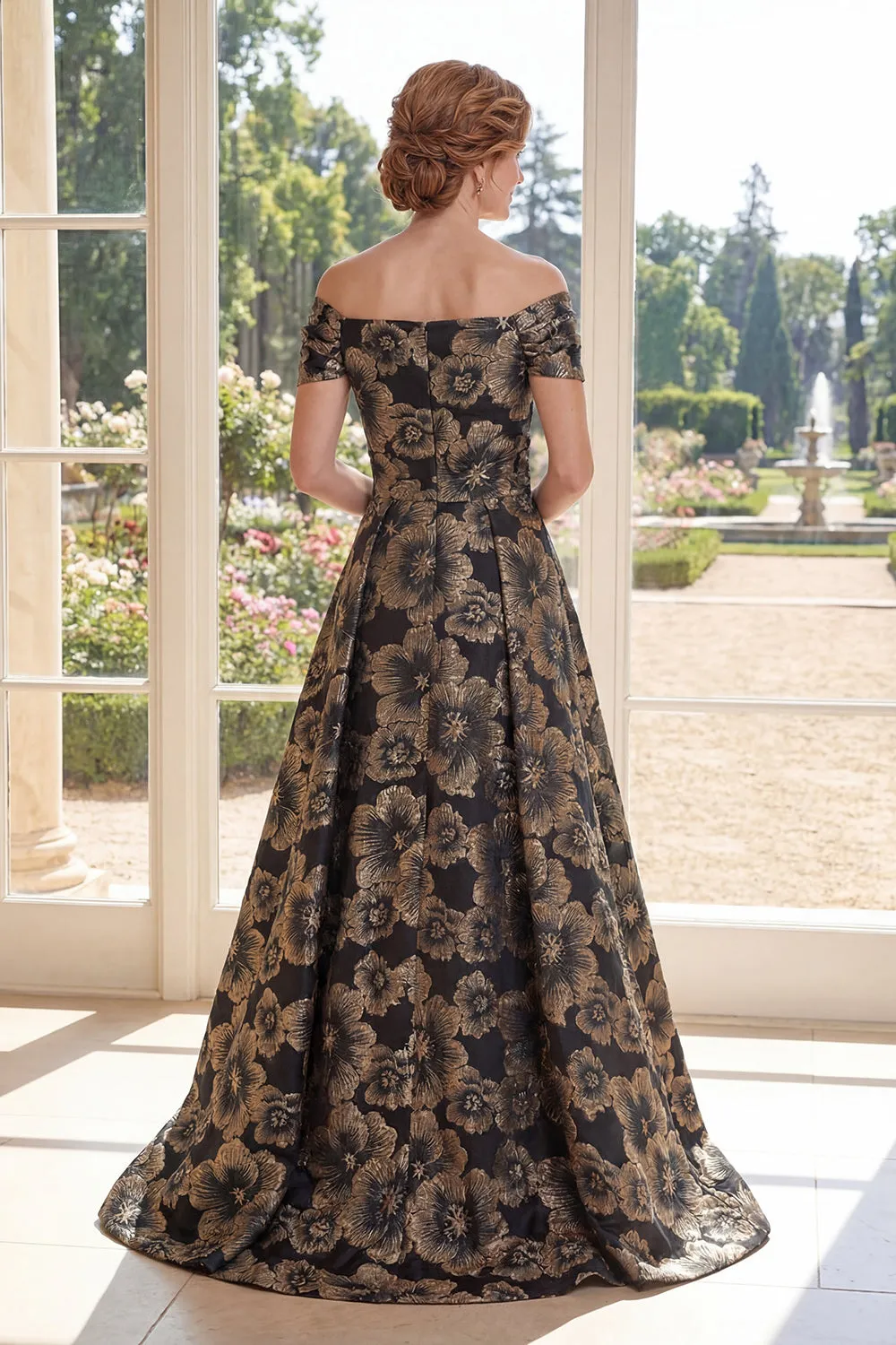 A Line Black Off the Shoulder Jacquard Floral Long Mother Of the Bride Dress sold by Zapaka product image thumbnail 2