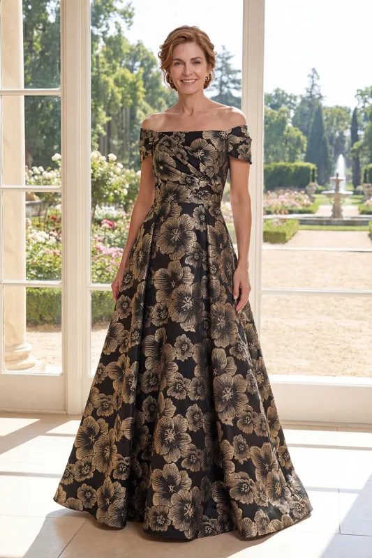 A Line Black Off the Shoulder Jacquard Floral Long Mother Of the Bride Dress made by Zapaka