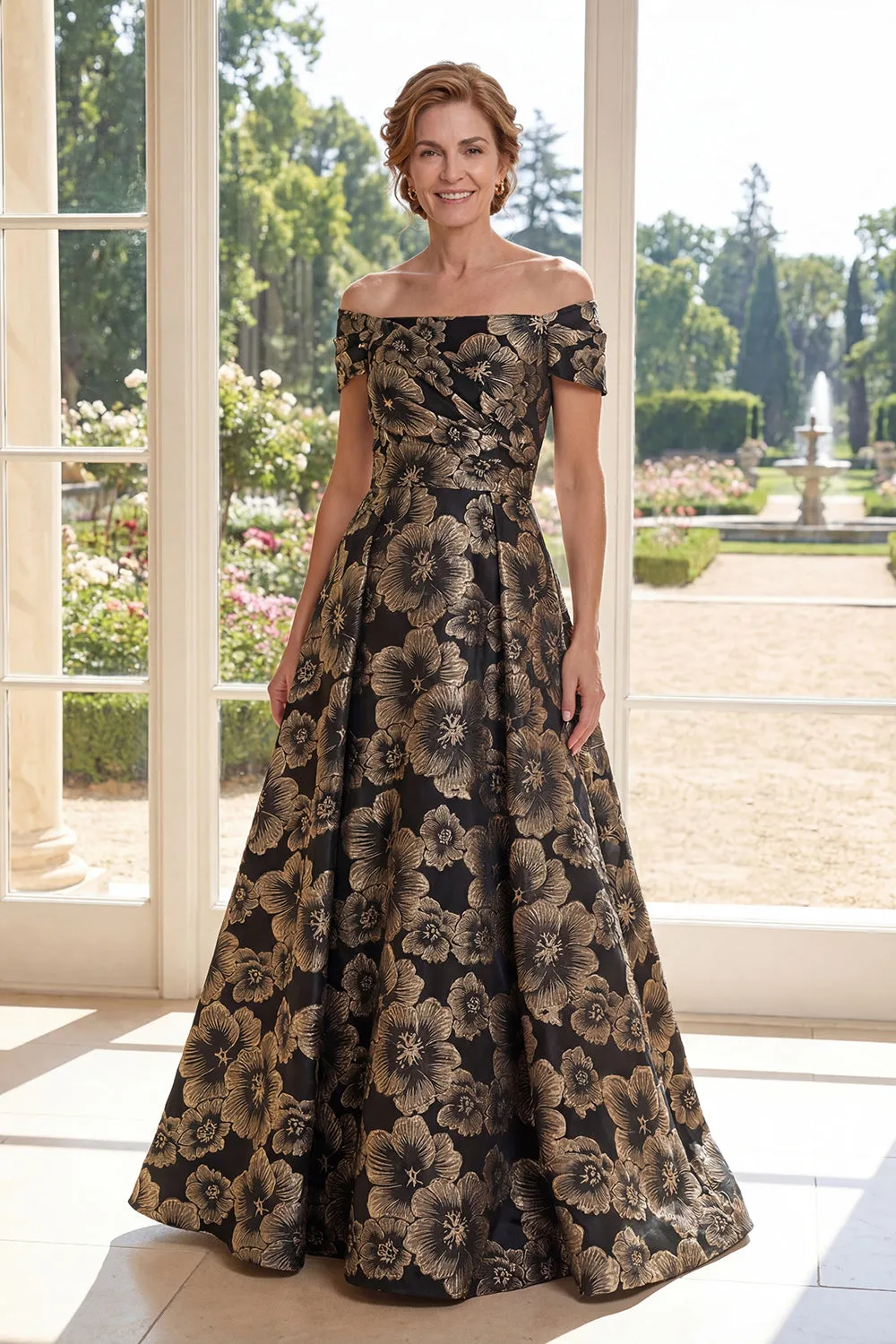 A Line Black Off the Shoulder Jacquard Floral Long Mother Of the Bride Dress sold by Zapaka