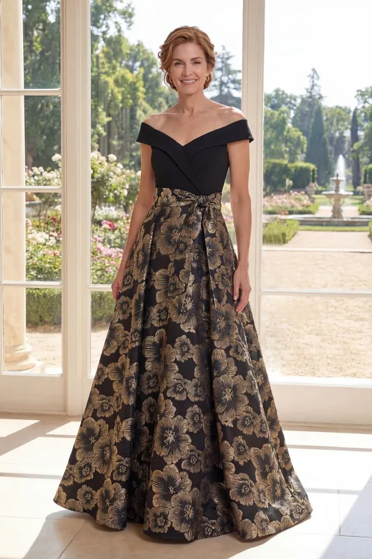 Black A Line Off the Shoulder Jacquard Long Mother Of the Bride Dress with Bow made by Zapaka
