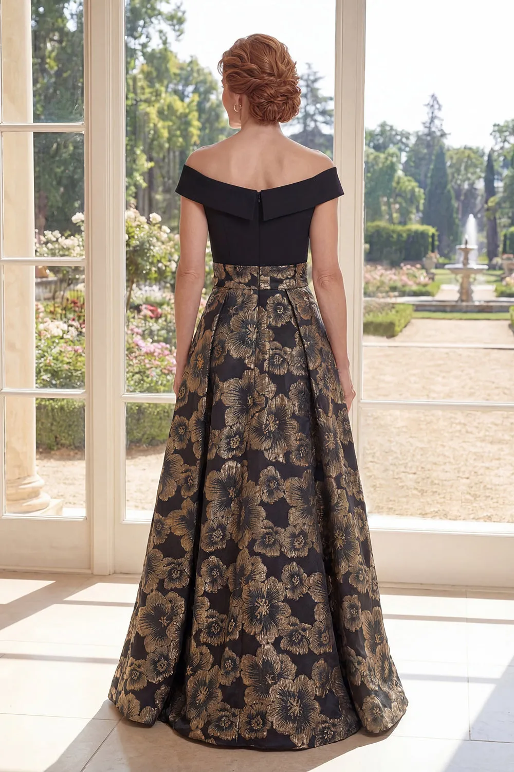 Black A Line Off the Shoulder Jacquard Long Mother Of the Bride Dress with Bow sold by Zapaka product image thumbnail 2