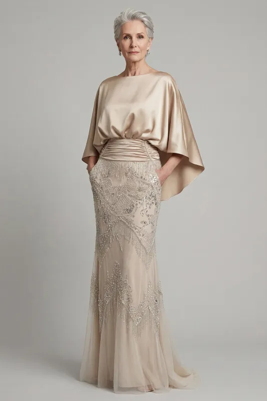 Champagne Mermaid Sequin Mother Of Bride Dress with Pockets made by Zapaka