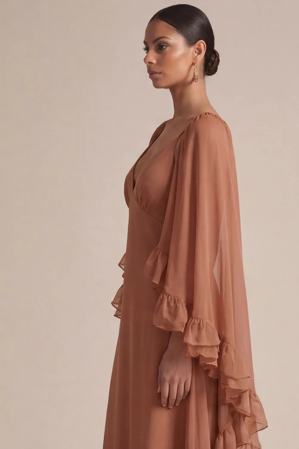 Brown A Line Ruffled V-Neck Maxi Dress with Cape sold by Zapaka product image thumbnail 5