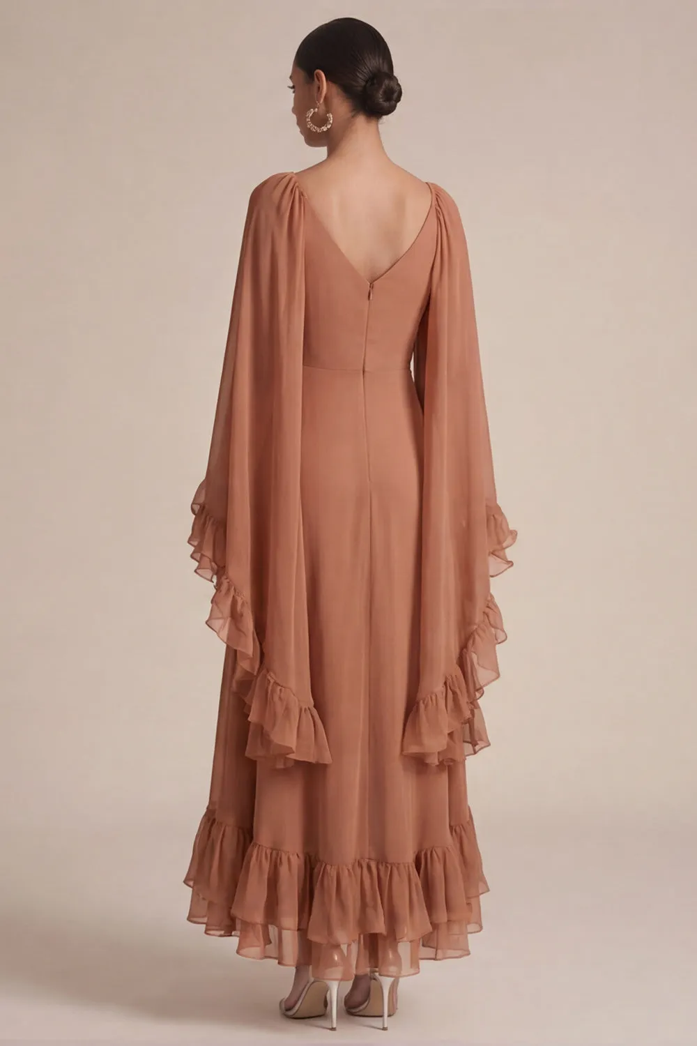 Brown A Line Ruffled V-Neck Maxi Dress with Cape sold by Zapaka product image thumbnail 2