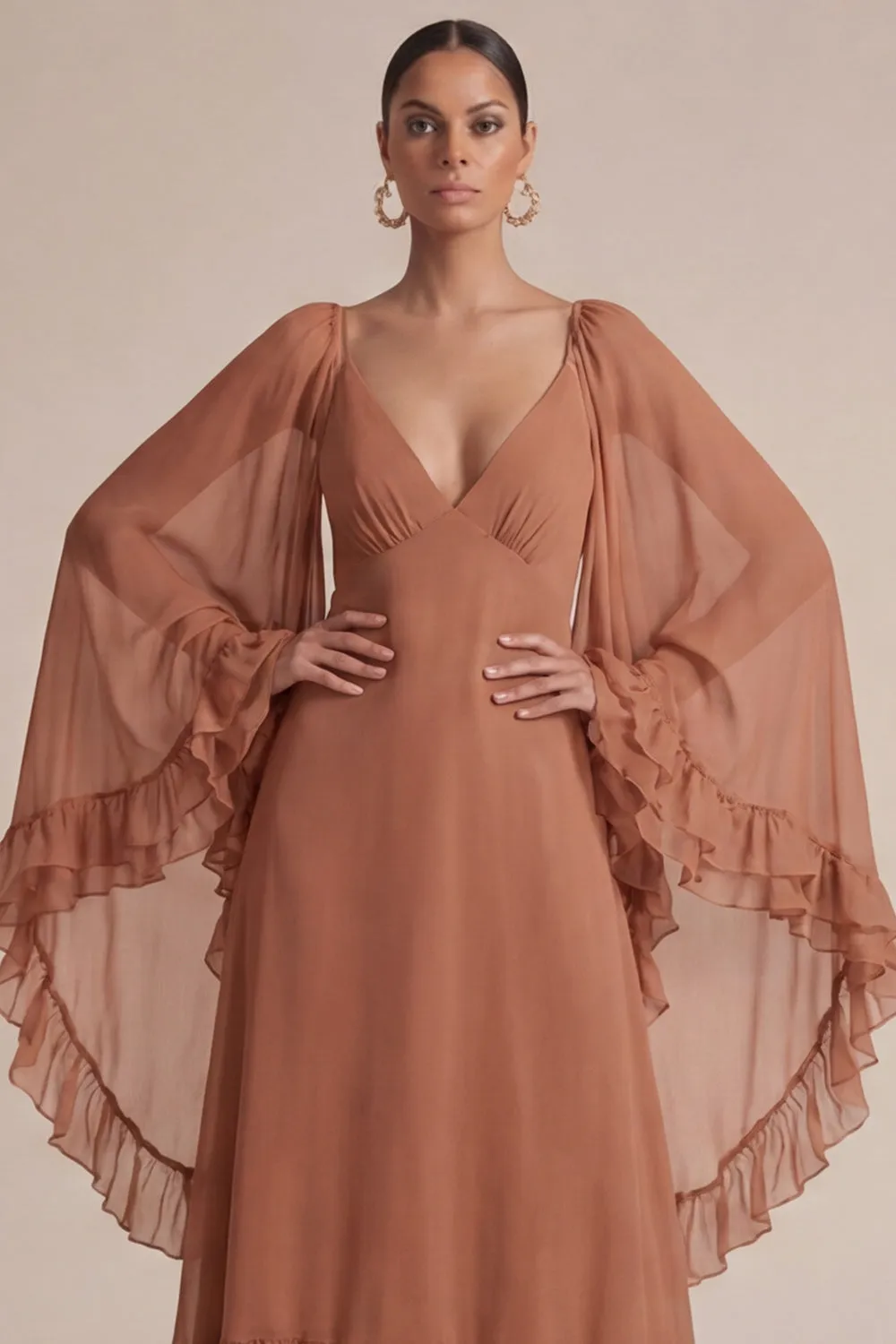 Brown A Line Ruffled V-Neck Maxi Dress with Cape sold by Zapaka product image thumbnail 3