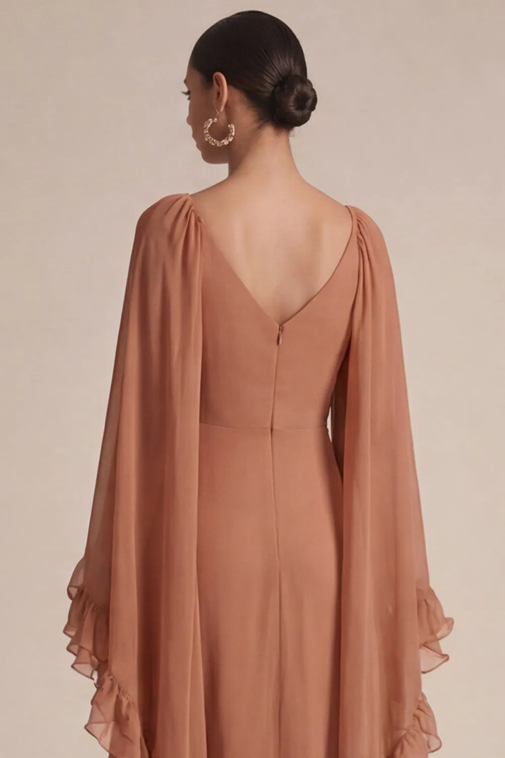 Brown A Line Ruffled V-Neck Maxi Dress with Cape sold by Zapaka product image thumbnail 4