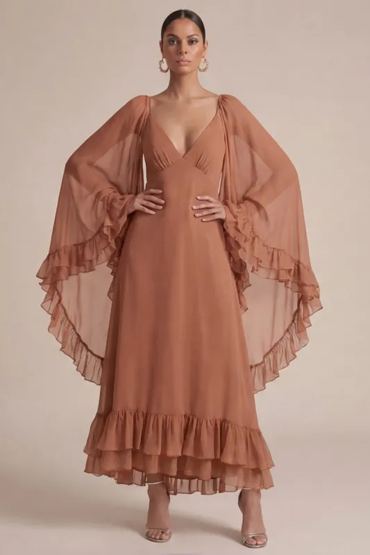Brown A Line Ruffled V-Neck Long Wedding Guest Dress with Cape made by Zapaka