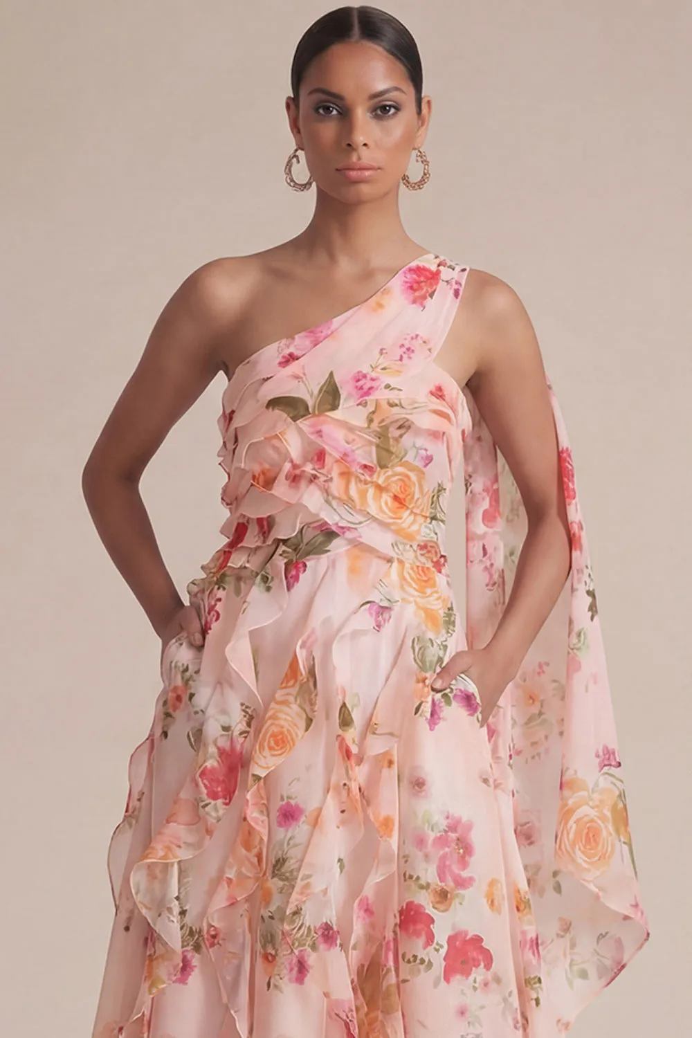 Peach Floral One Shoulder Long Wedding Guest Dress with Cape sold by Zapaka product image thumbnail 2