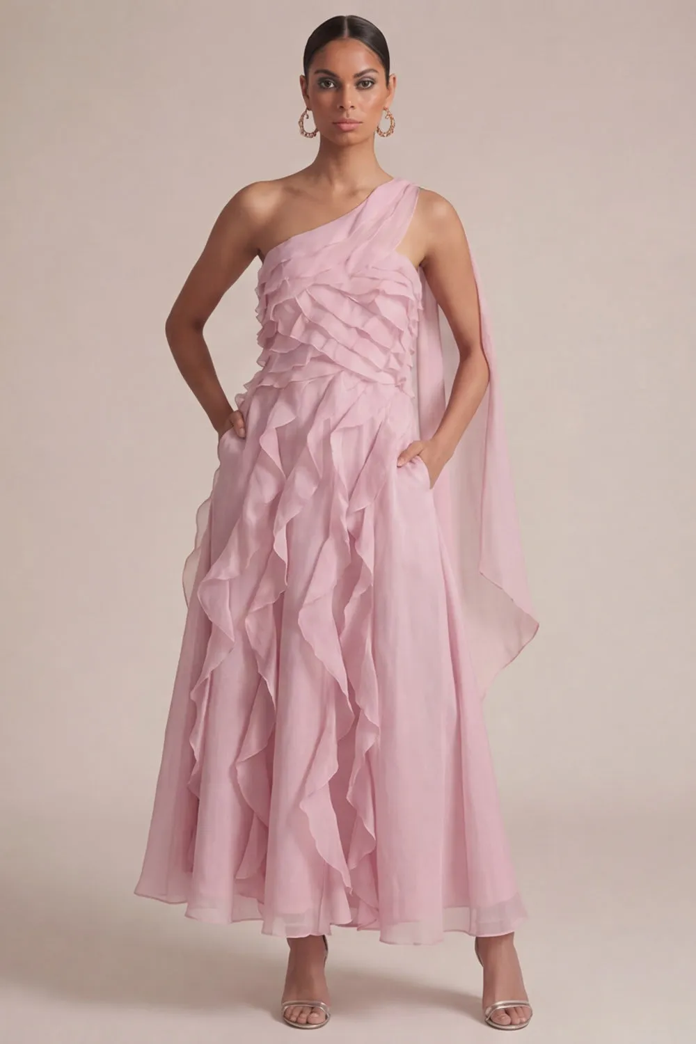 Peach Floral One Shoulder Long Wedding Guest Dress with Cape sold by Zapaka product image thumbnail 3