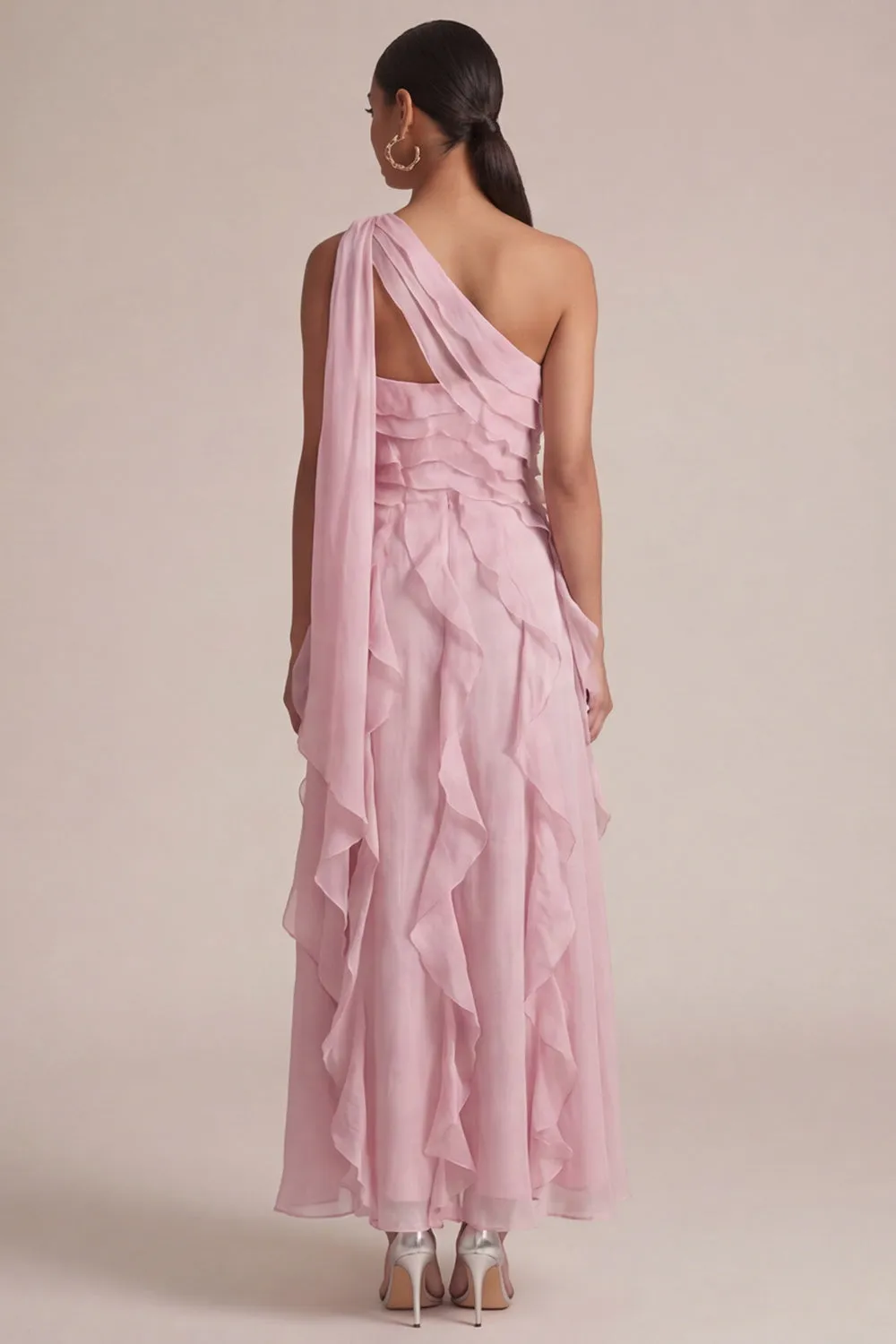 Peach Floral One Shoulder Long Wedding Guest Dress with Cape sold by Zapaka product image thumbnail 4