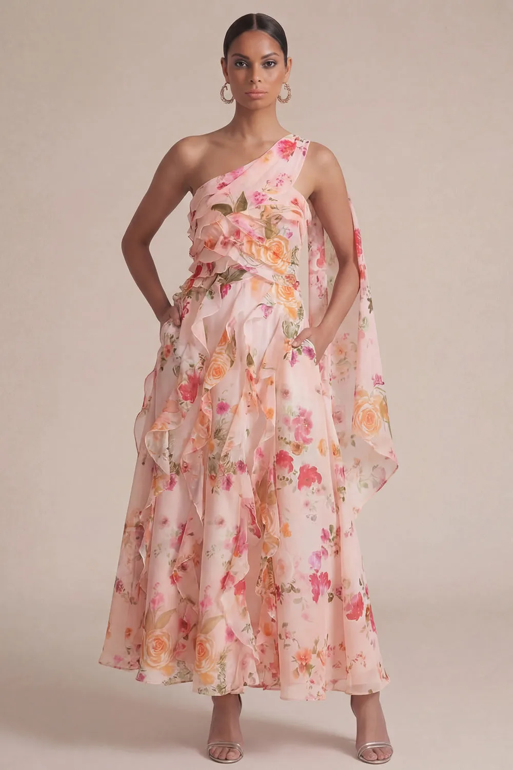Peach Floral One Shoulder Long Wedding Guest Dress with Cape sold by Zapaka