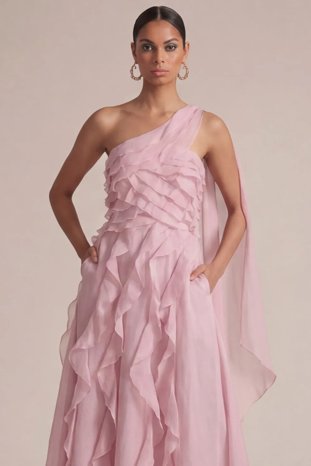 Peach Floral One Shoulder Long Wedding Guest Dress with Cape sold by Zapaka product image thumbnail 5