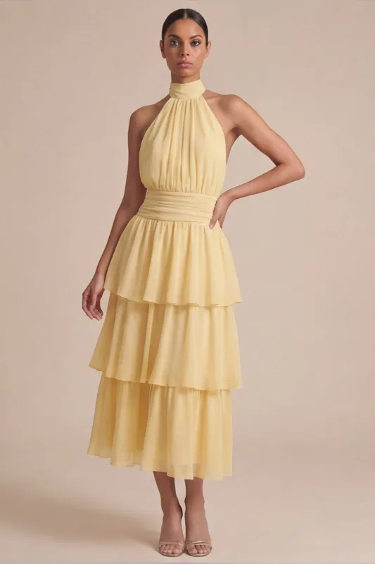 Yellow Ruffled A Line Halter Long Wedding Guest Dress with Bow made by Zapaka