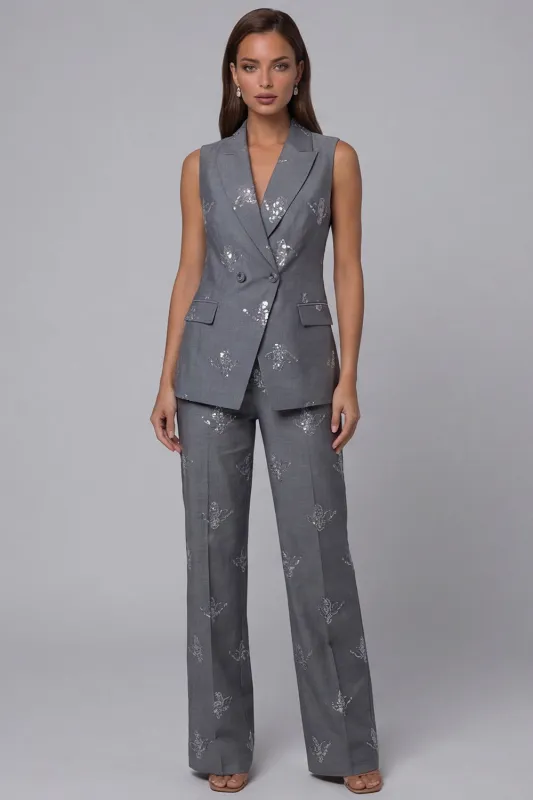Dark Grey Double-Breasted Peaked Lapel Two-Piece Sequin Work Suits made by Zapaka