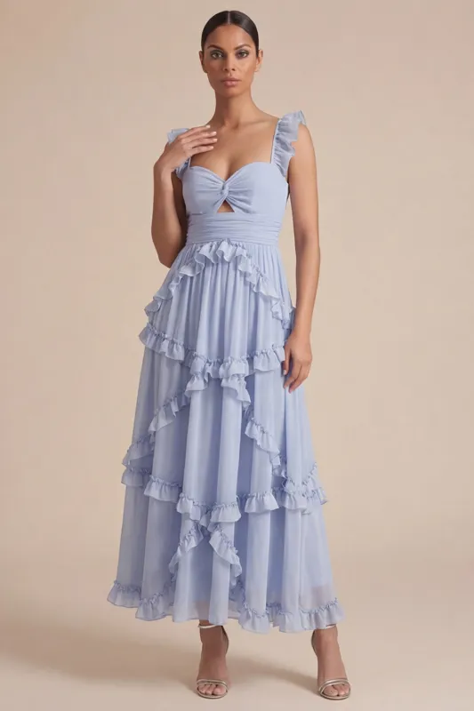 Light Blue A Line Ruffled Cut Out Midi Wedding Guest Dress made by Zapaka