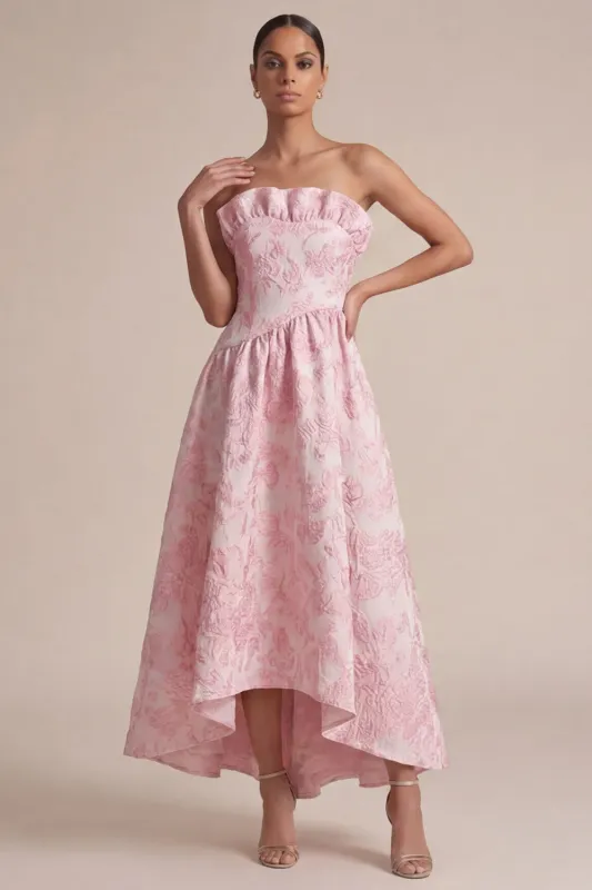 Pink Strapless A Line Floral Midi Wedding Guest Dress made by Zapaka