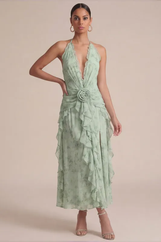 Sage Halter Printed Ruffled Midi Wedding Guest Dress with 3D Flowers made by Zapaka