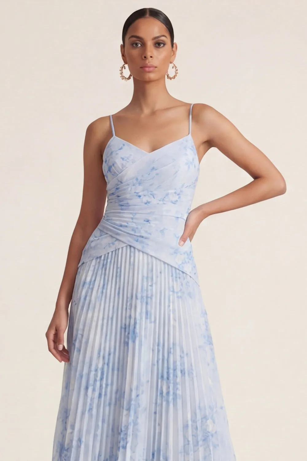 Light Blue A Line Pleated Spaghetti Straps Floral Dress sold by Zapaka product image thumbnail 4