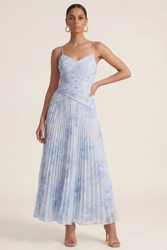 Light Blue A Line Pleated Spaghetti Straps Floral Dress made by Zapaka