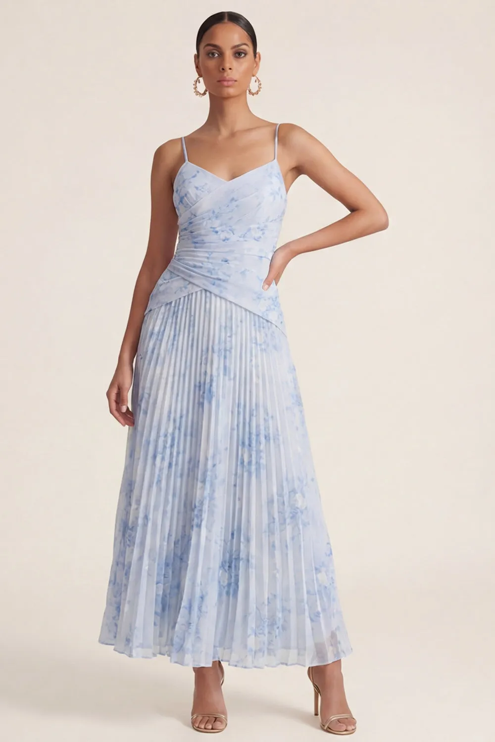 Light Blue A Line Pleated Spaghetti Straps Floral Dress sold by Zapaka