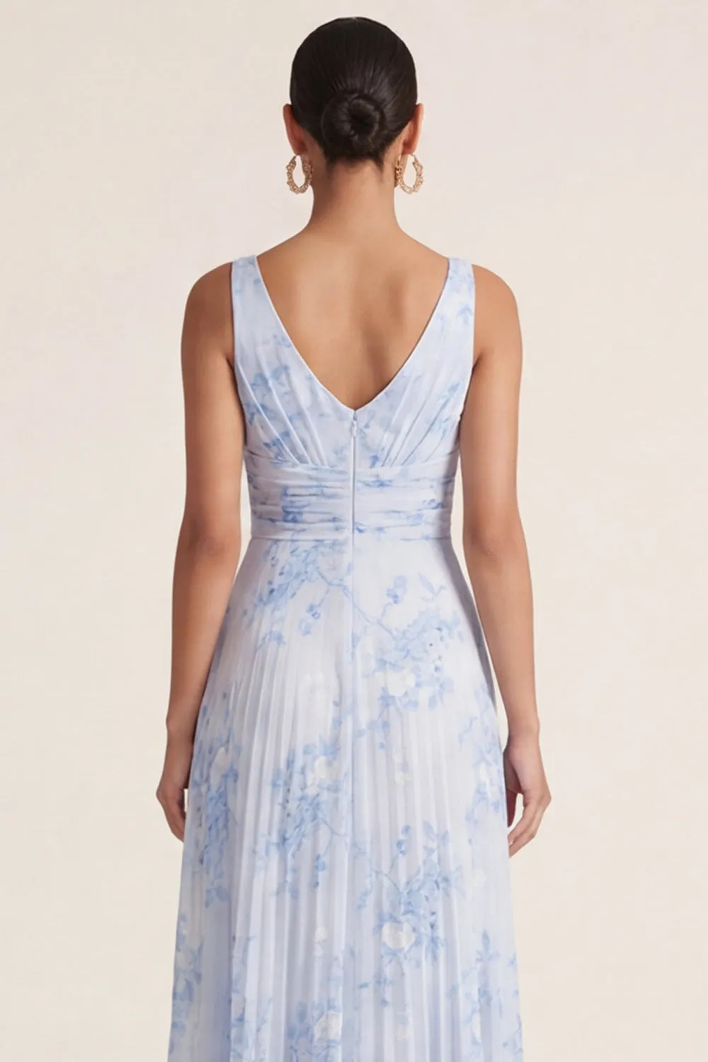 Light Blue A Line Pleated Spaghetti Straps Floral Dress sold by Zapaka product image thumbnail 5