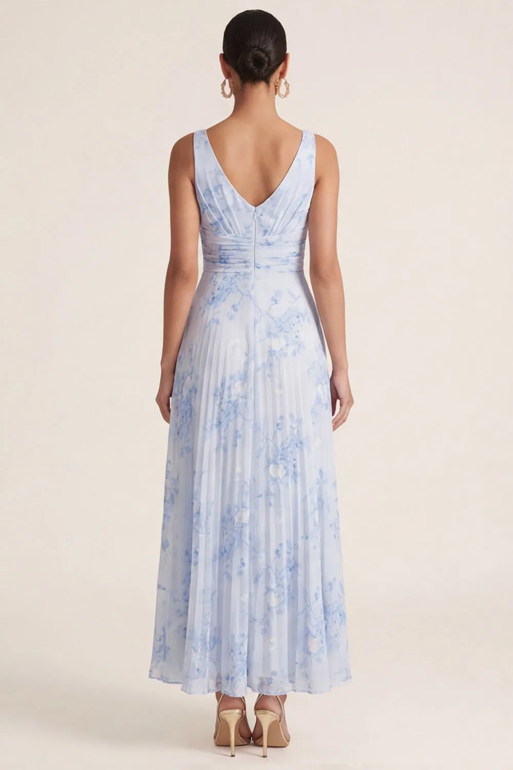 Light Blue A Line Pleated Spaghetti Straps Floral Dress sold by Zapaka product image thumbnail 2