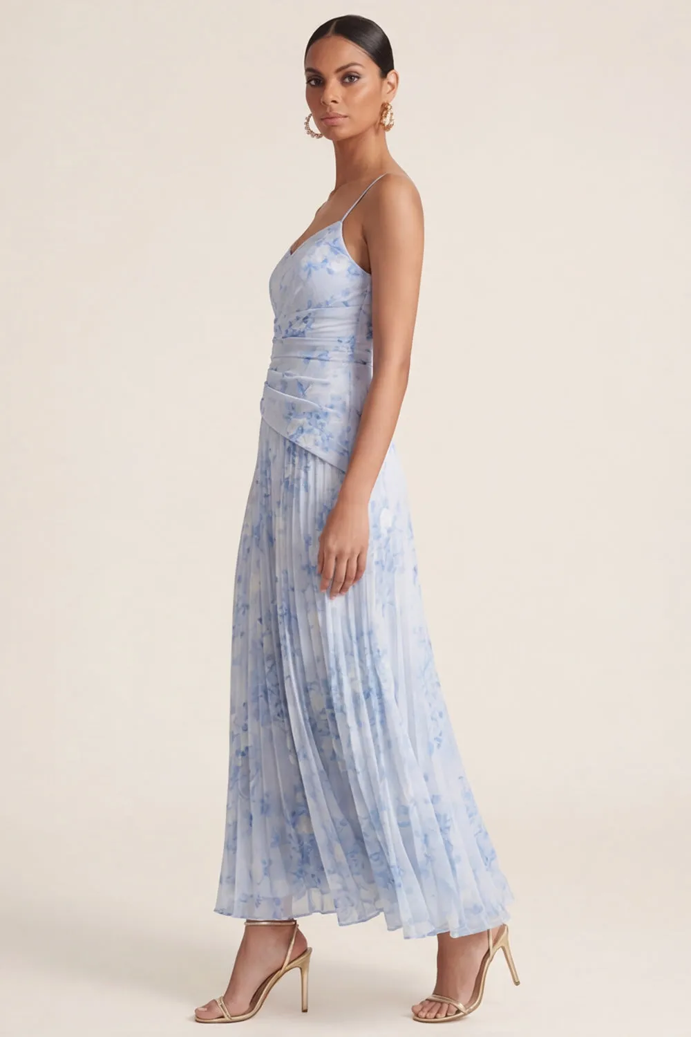 Light Blue A Line Pleated Spaghetti Straps Floral Dress sold by Zapaka product image thumbnail 3