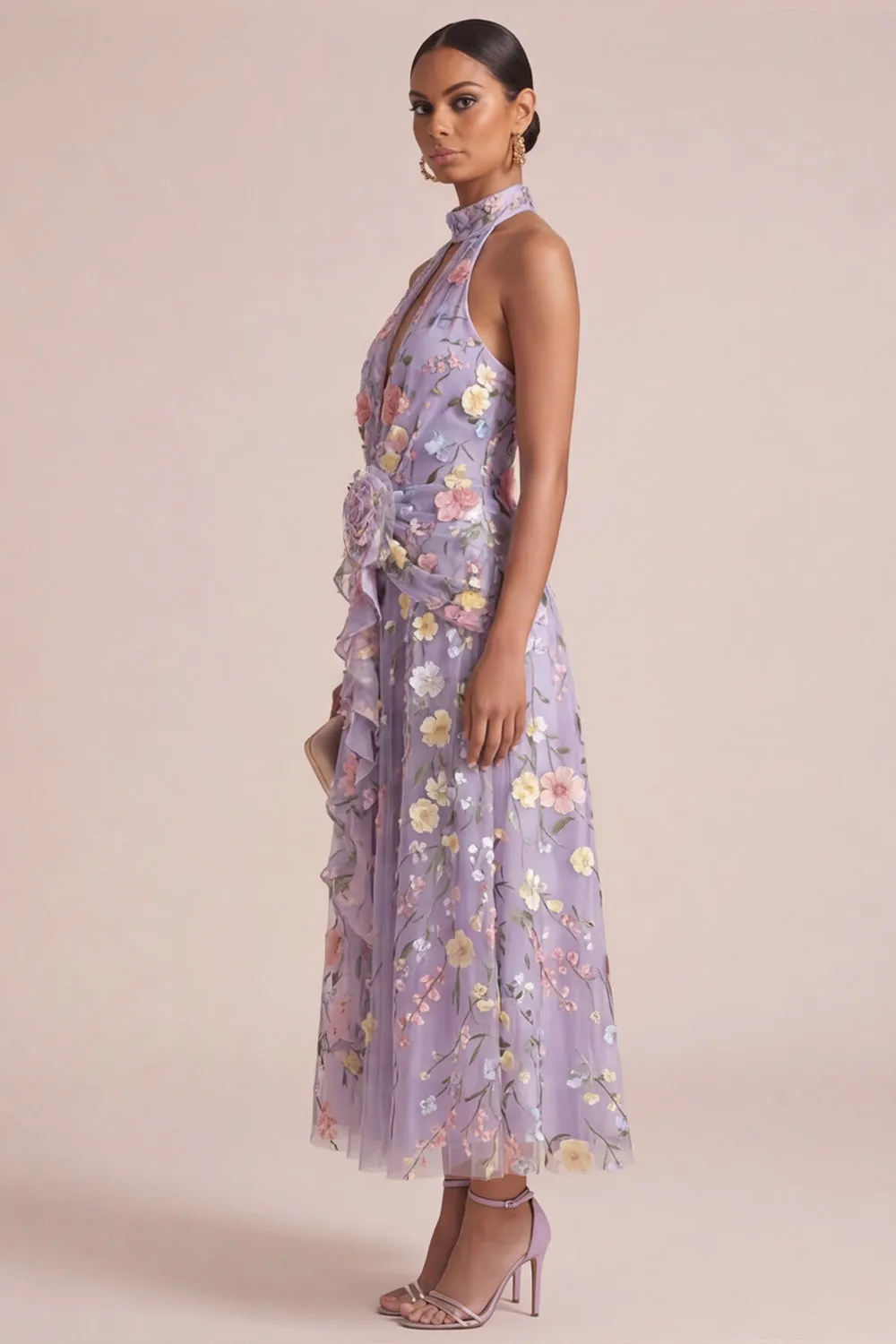 Lilac Appliqued Halter A Line Cut Out Ruffled Midi Dress with 3D Flowers sold by Zapaka product image thumbnail 3