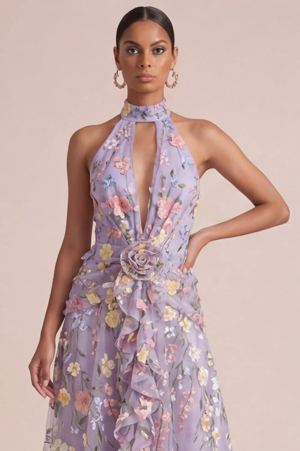 Lilac Appliqued Halter A Line Cut Out Ruffled Midi Dress with 3D Flowers sold by Zapaka product image thumbnail 4