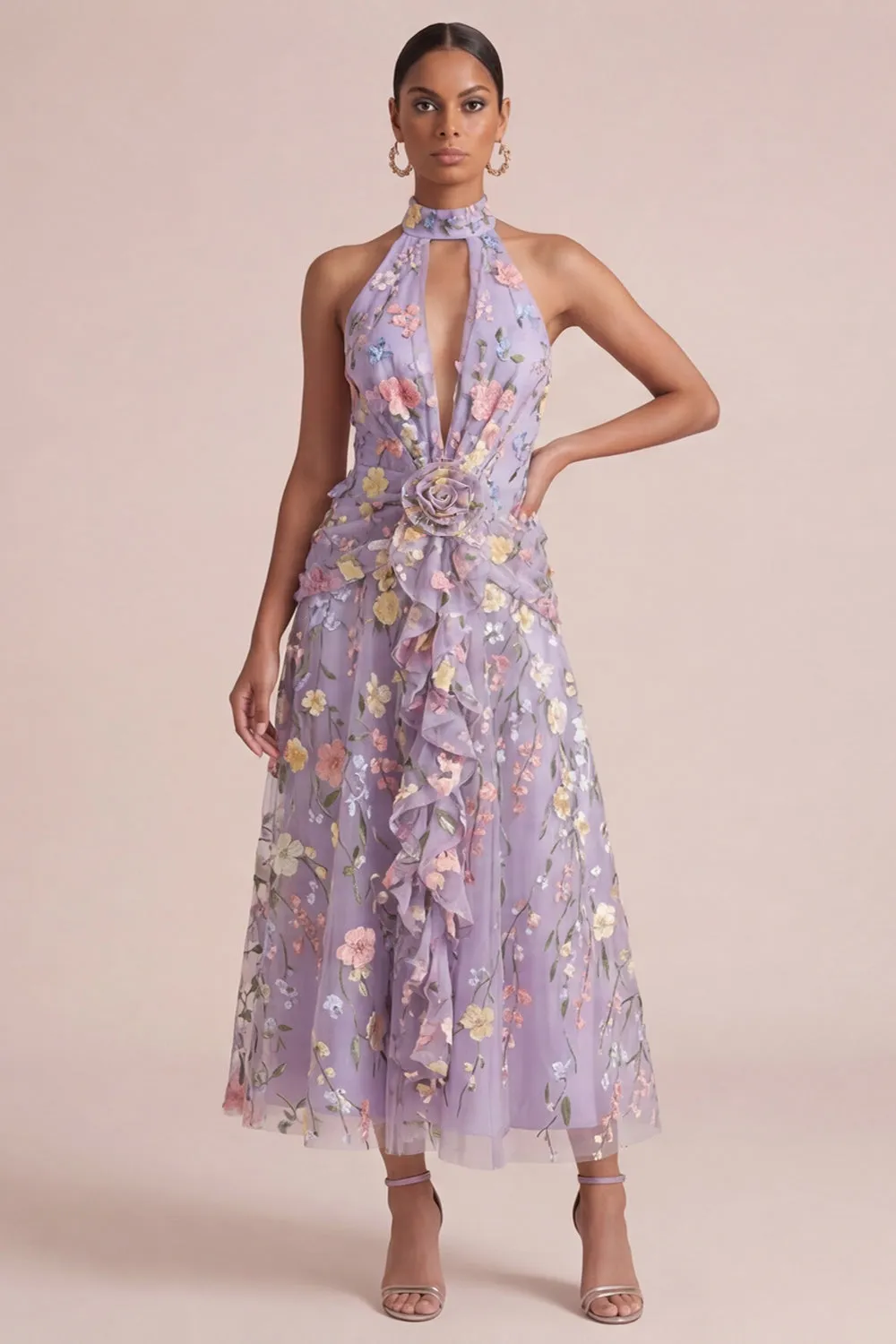 Lilac Appliqued Halter A Line Cut Out Ruffled Midi Dress with 3D Flowers sold by Zapaka