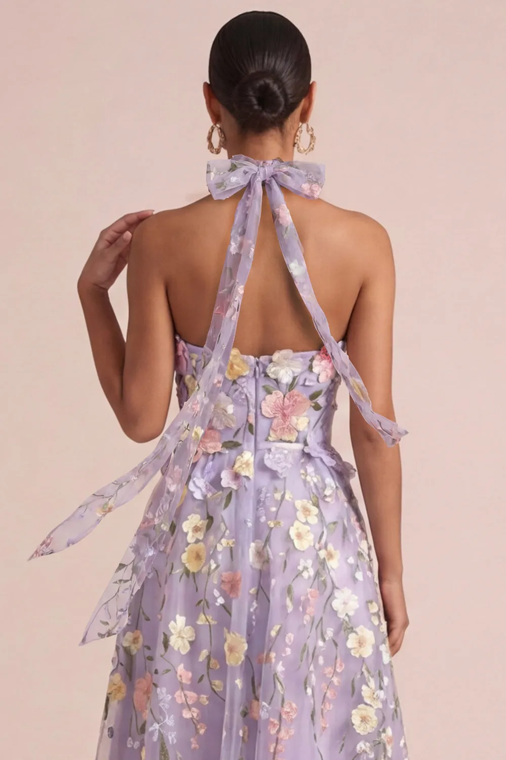 Lilac Appliqued Halter A Line Cut Out Ruffled Midi Dress with 3D Flowers sold by Zapaka product image thumbnail 5