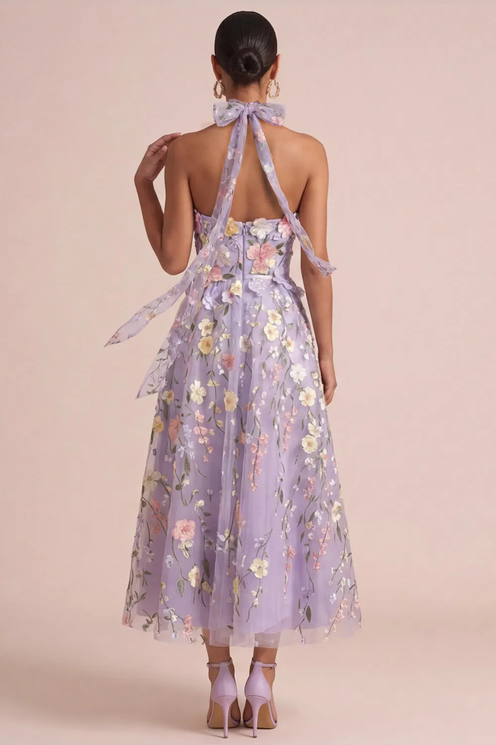 Lilac Appliqued Halter A Line Cut Out Ruffled Midi Dress with 3D Flowers sold by Zapaka product image thumbnail 2