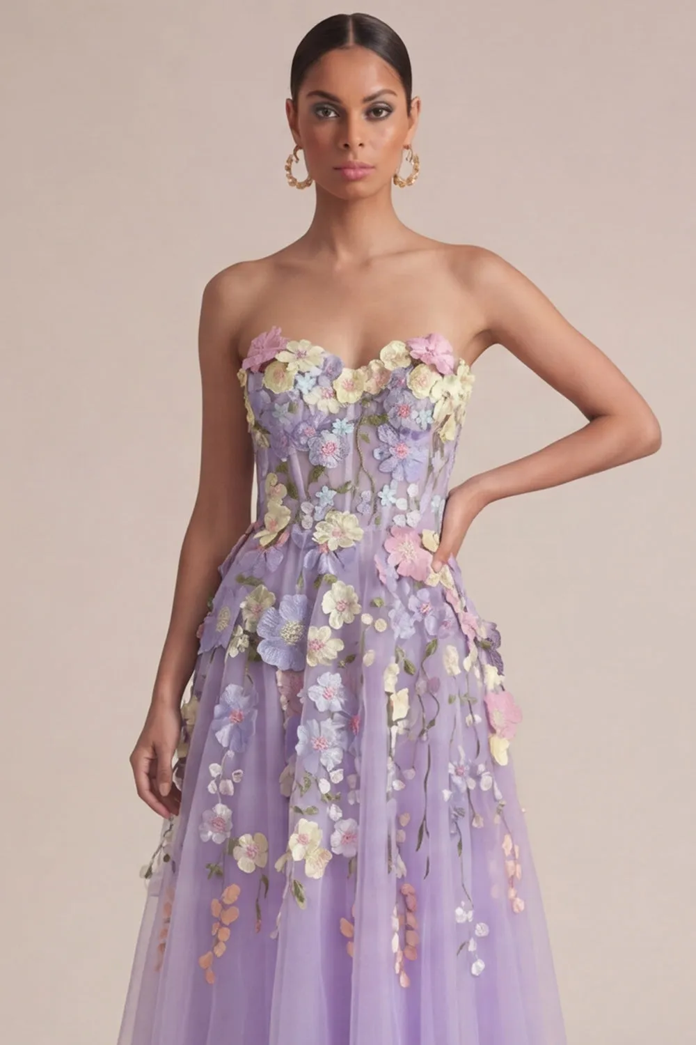 Strapless Lilac A Line Appliqued Corset Midi Wedding Guest Dress sold by Zapaka product image thumbnail 4